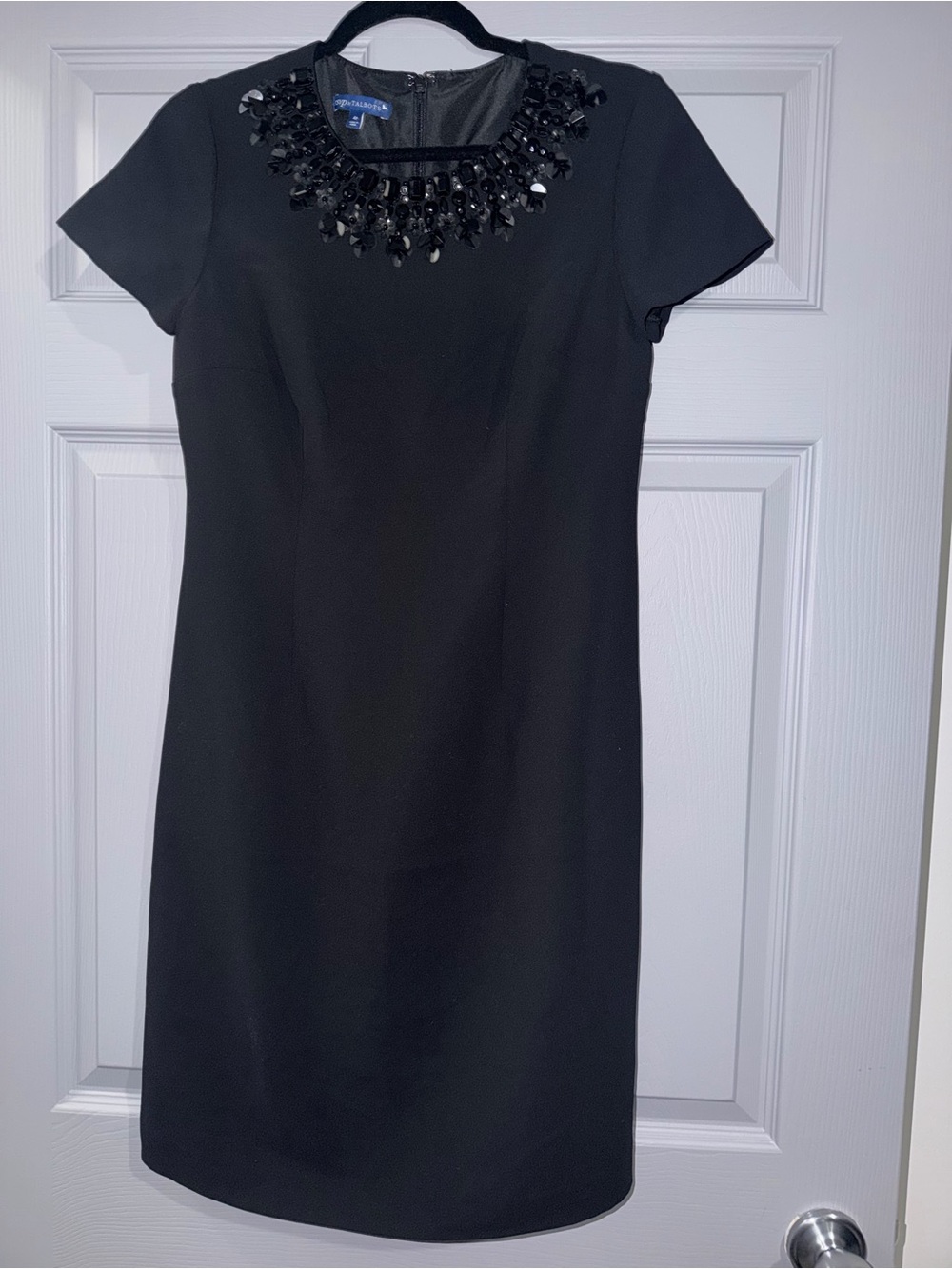 Black Short-Sleeve Sheath Dress with Beaded Necklace